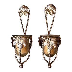 HOME INTERIORS 2 Twisted Rope Hanging Candle Holders with Crackle Glass Votives